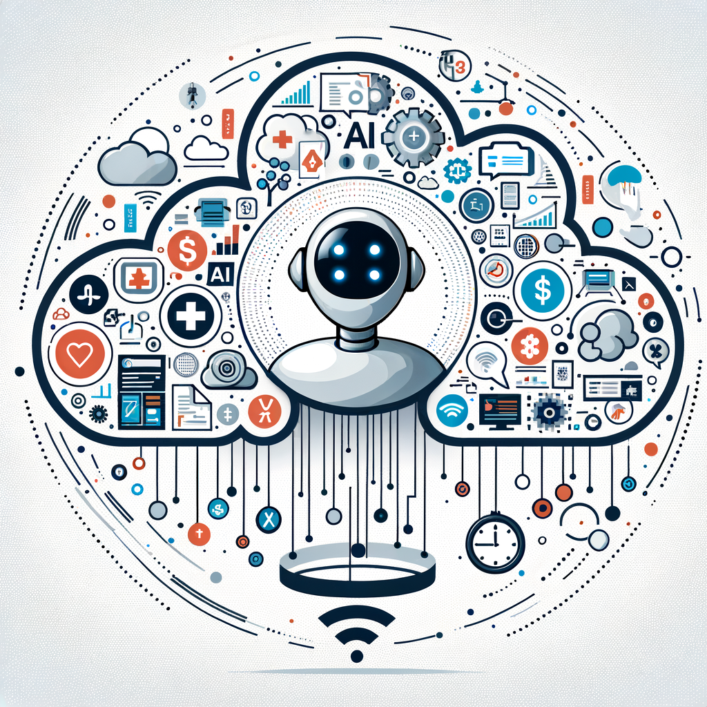 Design a modern and corporate 2D, vectorial illustration on a flat, untextured white background. Conspicuously positioned at the top are two corporate logos, abstractly symbolizing technology enterprises, to represent their strategic partnership. Underneath, a large cloud filled with distinct AI icons, signifying a cloud-based solution. At the center, show an interacting virtual assistant, a humanoid figure connected with multiple smaller rings representing monocolor symbolic icons of various industries such as a cross for healthcare and a dollar sign for finance. The assistant symbolizes the functionality of AI assistance. The rings signify the applicability in various sectors. Lastly, include a fast-moving clock metaphorically emphasizing the speed of solution implementation.