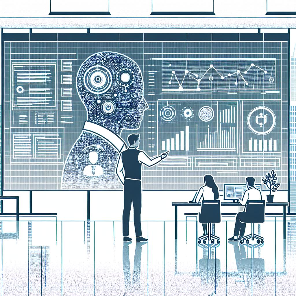Create a 2D, linear perspective, vector-style flat corporate illustration with a white, textureless background. The scene features a professional of South Asian descent in a modern office setting interacting with a large digital screen that displays various data and graphs. This symbolizes the collaboration between humans and artificial intelligence. The main elements include the professional representing the human-technology interaction, the digital screen representing the efficiency and data generated by AI, and the portrayal of the modern office symbolizing the current work environment.