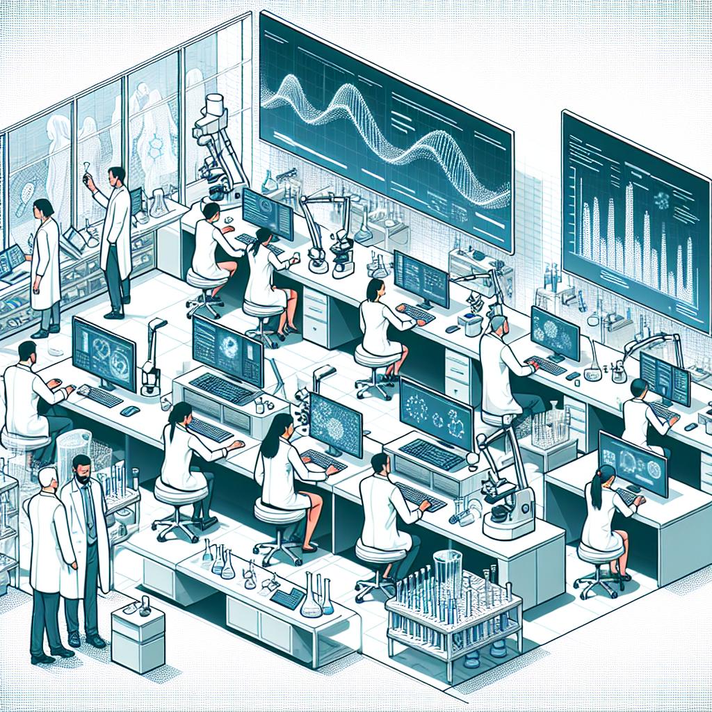 Imagine a vector-based, flat and corporate-styled image. The scene takes place in the Institute Curie, one of the leading cancer research and treatment centers in France. In a 2D linear perspective, the researchers are utilizing computers and modern laboratory equipment. The researchers represent a diverse background, with an equal mix of genders and races - Caucasian, Hispanic, Black, Middle-Eastern, and South Asian. Their focused interactions with the technology symbolize their dedication to combating cancer. Surrounding them are elements of laboratory - from microscopes to test tubes, which represents the medical research environment. Abstract data charts displayed on the computers and screens, reflecting the analysis and visualization of results. The entire image is set against a white, textureless background, highlighting the clean, sterile scientific environment.