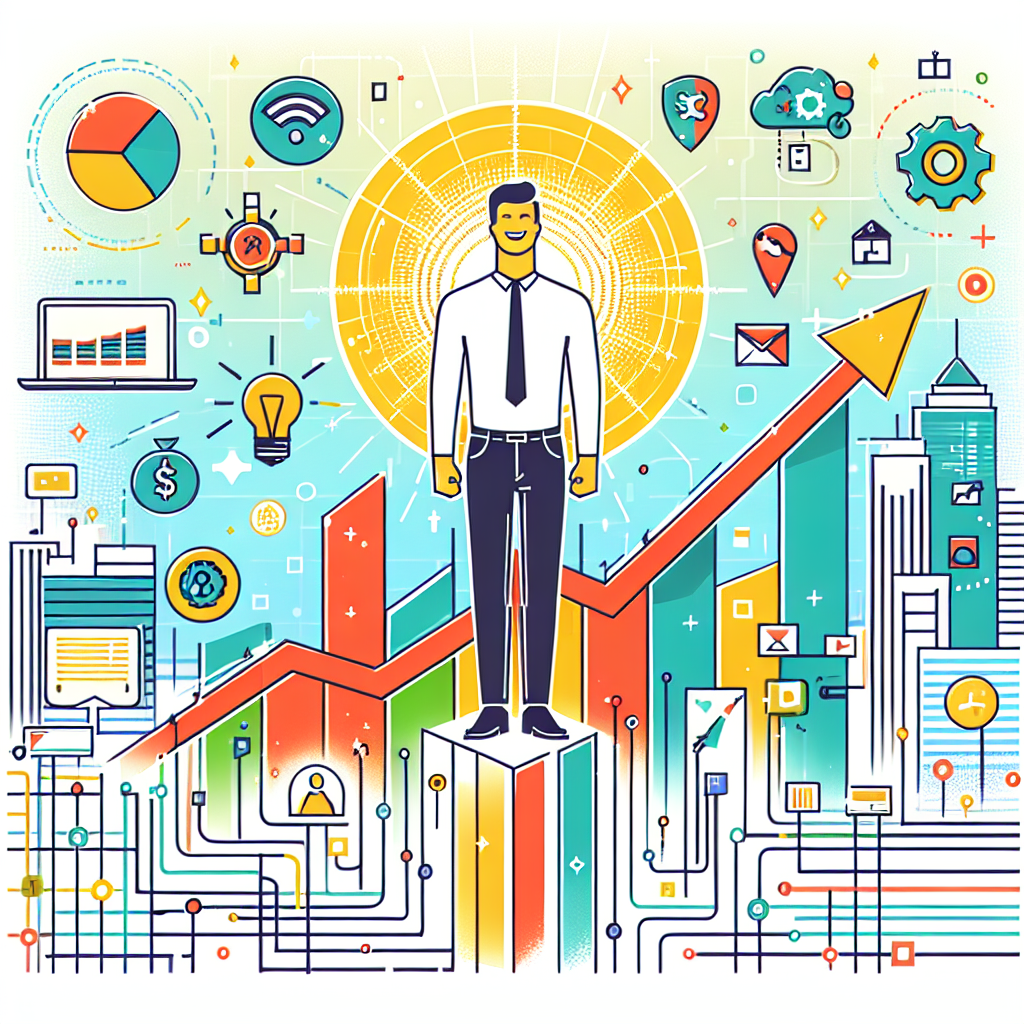 Create a vibrant, flat, corporate-style 2D, linear illustration on a white, textureless background. The image should depict an optimistic Caucasian male entrepreneur in a modern office environment, surrounded by growth charts and technology icons symbolizing the innovation and potential of startups in the AI era. The growth charts symbolize the potential startup growth, technology icons symbolizing the business area, and the optimistic businessman represents the mindset of 'irrational optimism'. The vibrant colors should convey energy and positivity.