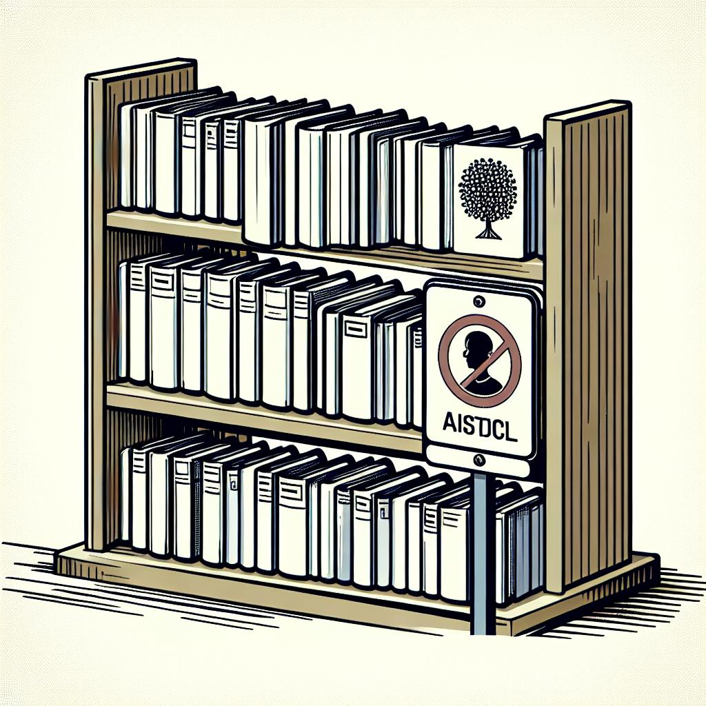 Illustrate an image in a linear 2D perspective, making use of a flat, corporate, and vectorial style. The background should be plain and white textured. Focus on an array of books, which symbolize intellectual property, resting on a bookshelf, which is a typical environment encountered in bookstores and publishing houses. For an additional touch, include a clear warning sign indicating the prohibition of the usage of these books for AI training, demonstrating the publishing sector's response to emerging threats to its property rights.