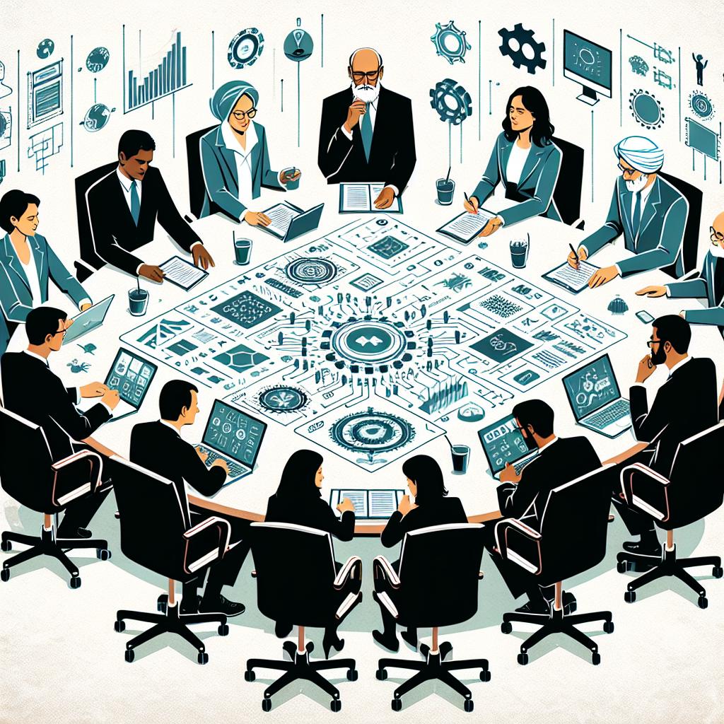 Create an image in a 2D, flat, and corporate style, inspired by vector illustrations. Depict the Board of Directors of a global technical community (a fictional organization, not specifically the IEEE) actively guiding the organization. The board is diverse with members of various descents like Hispanic, Middle-Eastern, South Asian, etc and genders. They're busy interacting, showcasing their involvement and commitment to the cause. Set on a white, texture-less background peppered with symbols of technology such as circuit diagrams and charts, these engineers and leaders signify the spirit of diversity and innovation in technology.