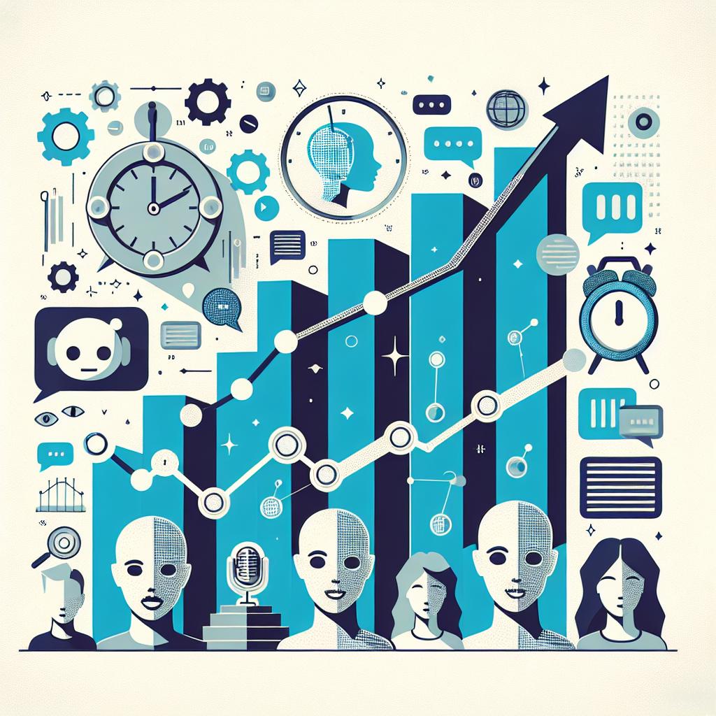Create a 2D flat design corporate vector style image on a white, textureless background. The main focus should be a rising graph illustrating the increased use of chatbots by teenagers. This design element is seen to symbolize technology's growing role in everyday life. Also incorporate a clock into the design, to symbolize the time spent on online interactions. Lastly, add depictions of human faces, varying in emotions, to signify the emotional interactions people have with technology. These elements should synergize to form a compelling and informative visual narrative.
