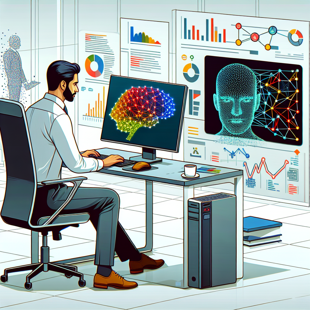 Generate an image that depicts a corporate and modern ambiance. It should showcase a Middle Eastern male developer working on a sleek, up-to-date computer. On the computer screen, vibrant colored high-performance AI graphs should be evident, symbolizing the efficiency of the Chains framework. In the background, interconnected AI models should reflect the modularity that the Chains framework offers. The elements should be designed in a flat, vectorial style, and the background should be white and non-textured. An office environment should be subtly included, helping to establish the context of a professional workflow.