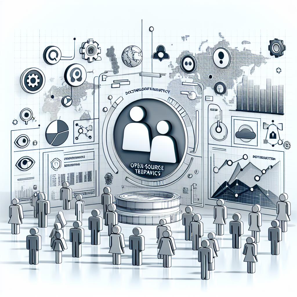 Create a modern, corporate and flat style vector image representing the concept of AI transparency and technology insights through the symbolization of the open-source library named Observers. The image should portray elements such as icons of data analysis alluding to the analysis of AI interactions, figures of developers of various genders and descents indicating the community involved in the tool construction, and data visualization graphs indicating data collection and interpretation. All these elements are set against a white untextured backdrop suggesting a digital and innovative environment. The presented scene is from a linear 2D perspective.