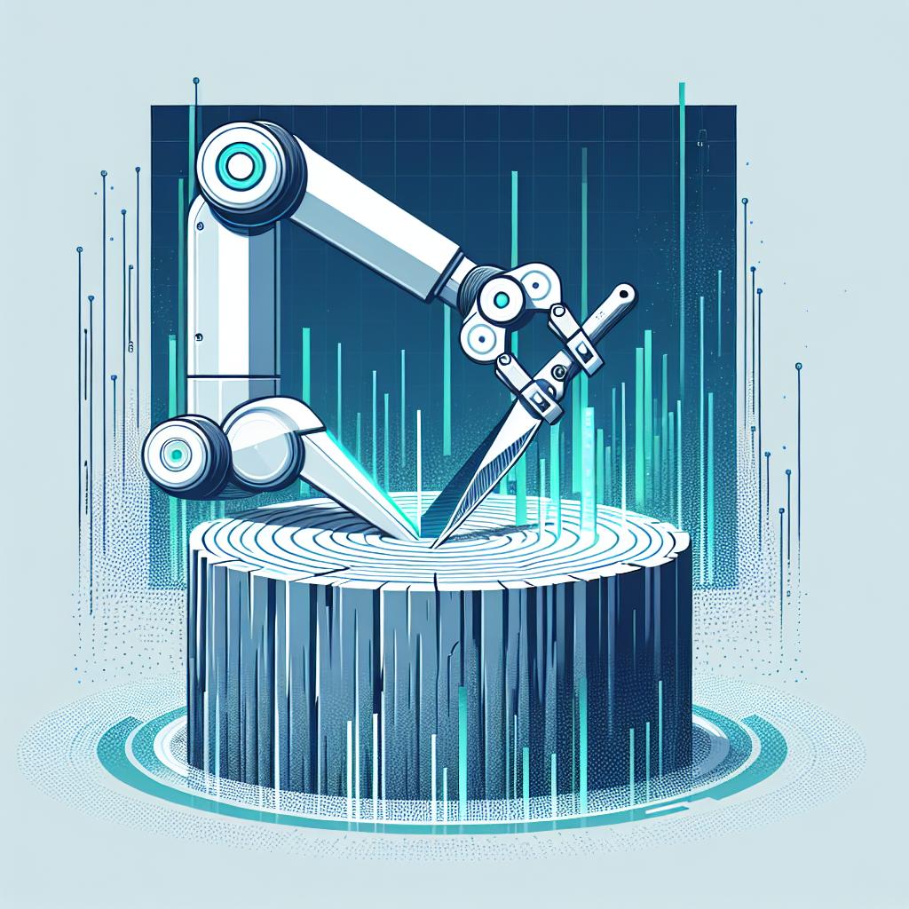 Create a futuristic, 2D, corporate-style, flat vector illustration. Features a technology-driven robotic arm, cutting slices from a solid volume of data represented by a digital log. A white, texture-less background making the illustration stand out. Use cool colors like blues and greens to represent technology and efficiency. The robotic presence signifies automation and the advent of advanced technology. The digital environment, home to the log of data, reflects the information age and the rising complexity of systems. The act of cutting the log symbolizes the removal of unneeded data, streamlining processes.