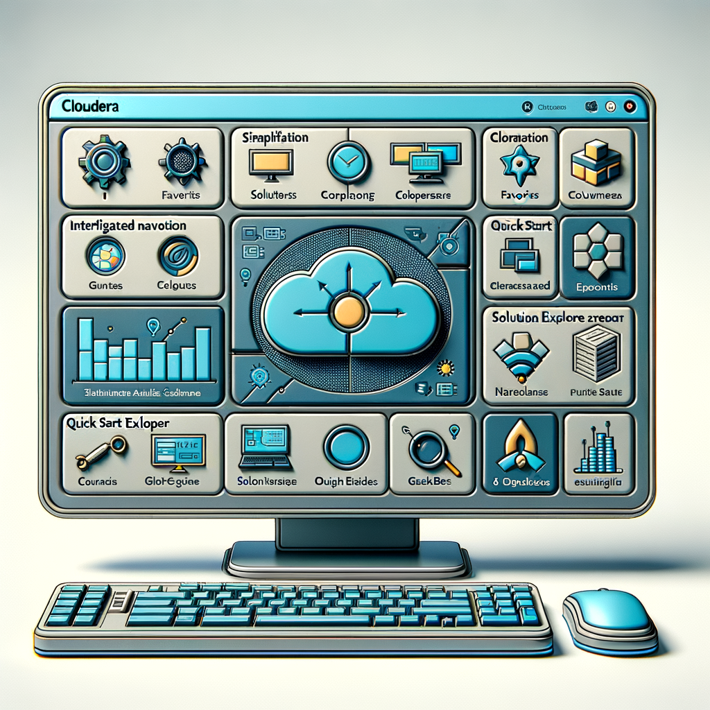 Imagine an image in a 2D, linear perspective and flat, corporate style. The background is textureless white. The main subject of the image is a computer, representing the platform Cloudera. On the screen of the computer, you can see the new interface of Cloudera, with its modern technological color palette that includes shades of blue and gray. Features on the interface include: simplified navigation represented by icons of favorites, an integrated analytics summary depicted as graphs, a solution explorer represented by a magnifying glass, and quick start guides shown as tabs or manuals. The aim is to increase productivity and facilitate access to frequently used tools and services.