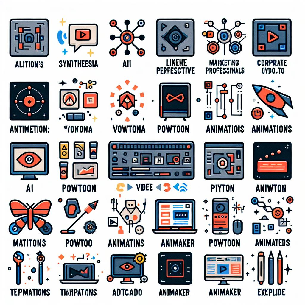 Create a 2D, linear perspective, vector-flat, corporate style image on a white, textureless background. The image should depict various video creation tools to represent alternatives to Vyond, such as Synthesia, Powtoon, and Animaker, ideal for marketing professionals, educators, and content creators. Icons representing each tool's unique functionalities, like AI, animations, and templates should be part of the picture. Each of these options should be represented in different colors to highlight distinctions. Also, include explanatory text next to each tool's icon for context.