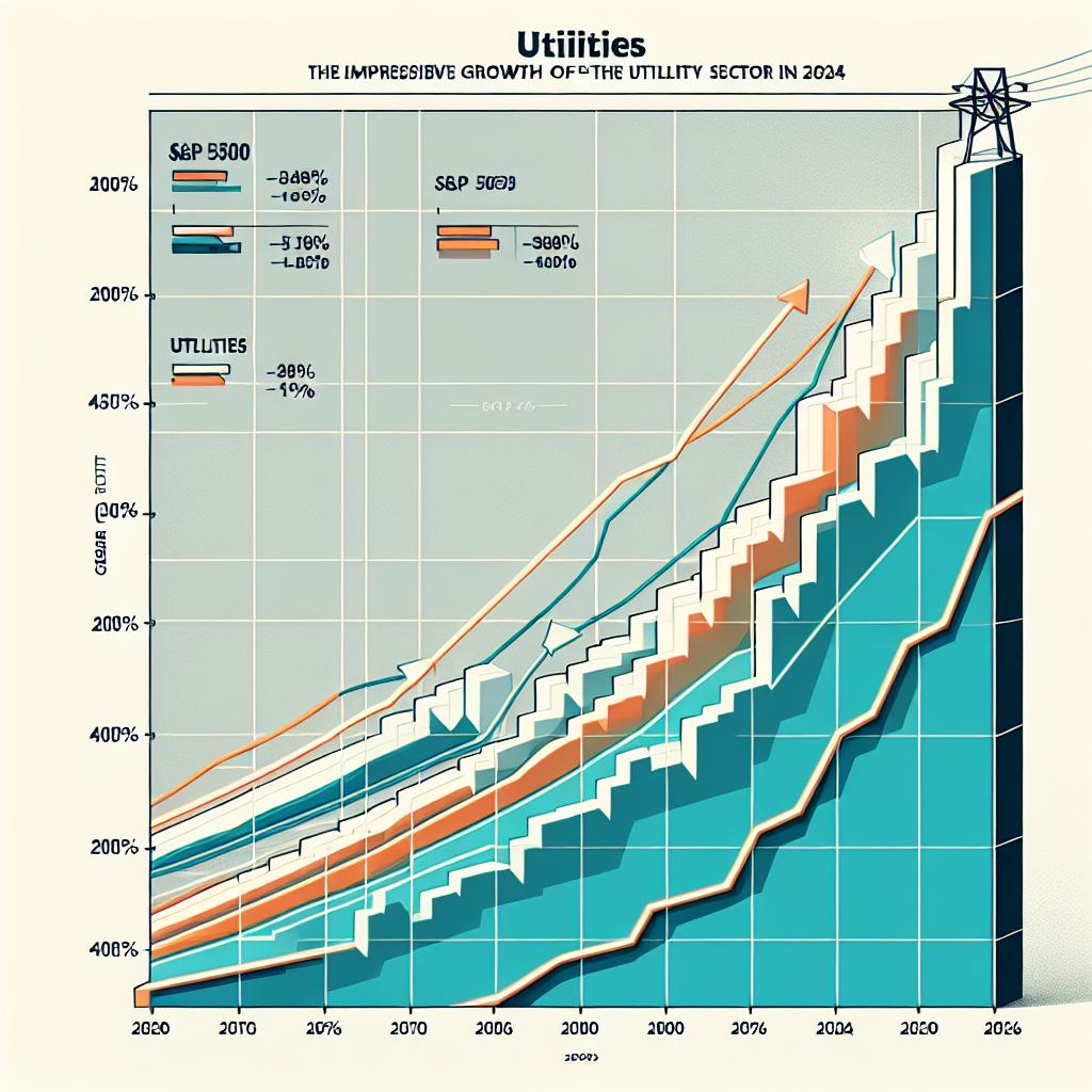 Visualize a 2D, flat corporate-style vector illustration that portrays the impressive growth of the utilities sector in 2024. There is a white, texture-less background. Featuring a growth chart for public utility company stocks in relation to the general market in 2024, it includes distinctive growth lines for the S&P 500 Utilities ETF and the S&P 500 index. Make sure both of these lines are represented with distinct colours, allowing for immediate differentiation. Include axes with numerical values for context and to frame the percentages of growth.