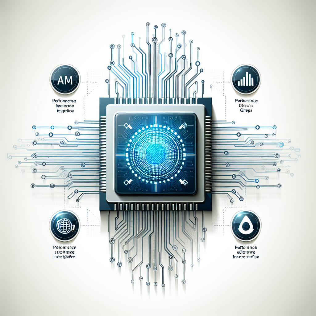Create an image in a 2D, linear perspective with a white, texture-less background to capture the essence of ARM's innovations in AI for mobile devices, revealed on May 31, 2024. The image should embody modernity and technological advancement in a vector, flat, corporate style. Central to the image should be a computer chip symbolizing technological innovation. The image should also feature icons of artificial intelligence to represent its integration in mobile applications. Metallic and blue colors should dominate the picture, creating a futuristic and technological ambiance. Performance graphs must be included to suggest an increase in efficiency and performance.
