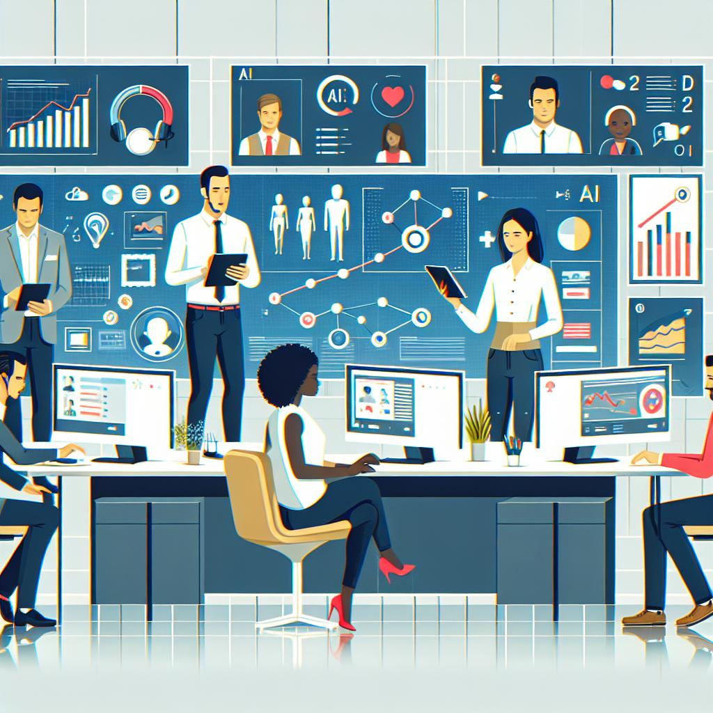 Create a vector, flat, corporate-style image in a 2D, linear perspective. The scene takes place in a modern office setting, symbolizing innovation and technology. It depicts a diverse team of professionals, including a Caucasian male, a Black female, a Hispanic male and a Middle-Eastern female, interacting with devices like tablets and computers, symbolizing the integration of AI into day-to-day operations. The office is surrounded by screens displaying charts and data from call interactions. Include AI elements, such as technology and AI-related icons. The background should be white and texture-less.