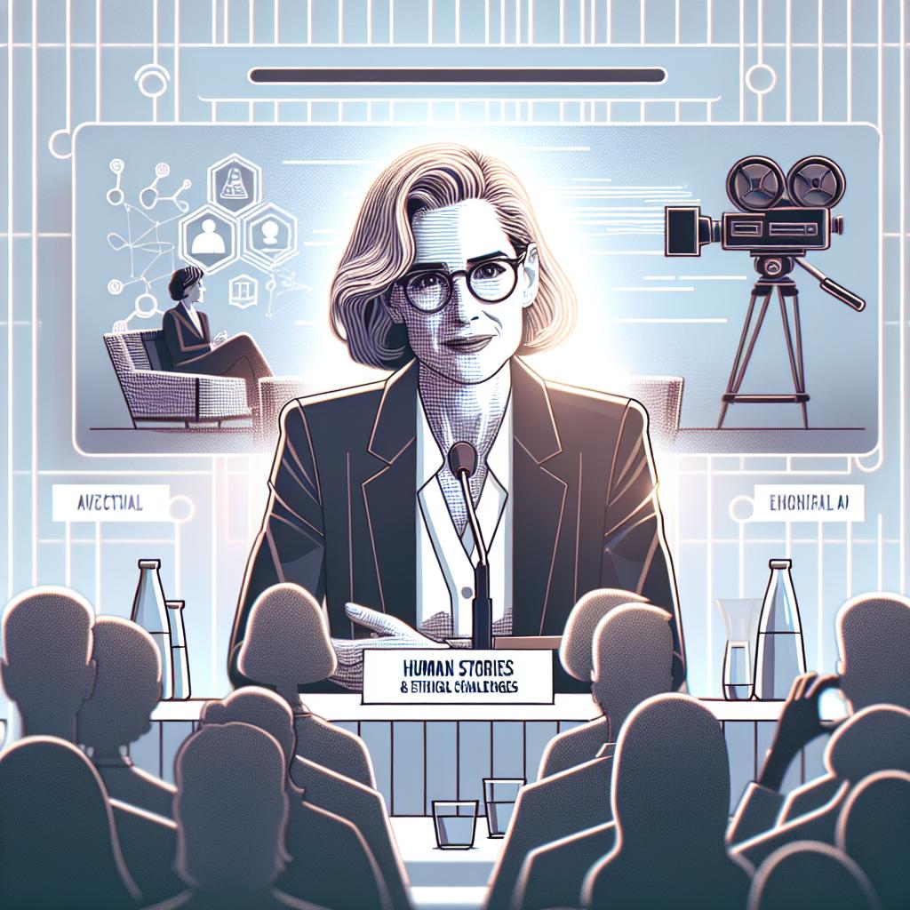 A distinguished female actress with blonde hair and glasses is seen speaking at a round table discussion about the impacts of artificial intelligence (AI) on the film industry. She focuses on human stories and ethical challenges. She is positioned in a 2D, linear perspective against a white backdrop. The image is in a vector style, identified by its solid-color flat shapes meant for a corporate setting. Behind her, a screen featuring technology icons symbolizes AI. An attentive audience is captured, demonstrating the relevance of the debate. Soft lighting sets a reflective atmospherical tone.
