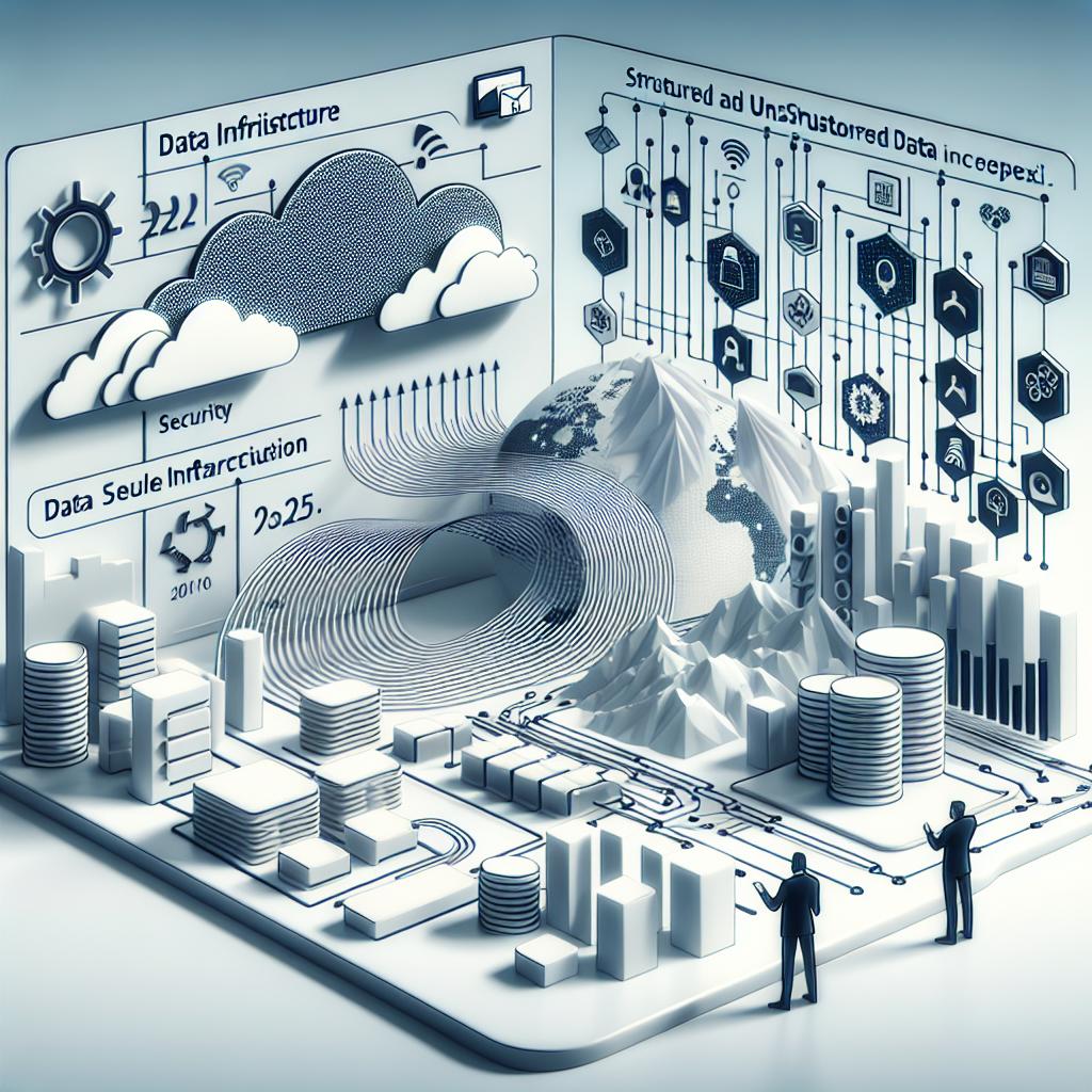 Imagine the data infrastructure complexities in 2025, as depicted in a 2D flat, corporate, and vector style illustrative scenario. In the scheme, you see a white, textureless background. The landscape is full of structured and unstructured data interactions, with data represented as waves, emphasizing the dynamism of information transmission. Security icons are omnipresent in this scenario, signifying the paramountcy of data protection. Cold tones dominate the design, conveying a sense of advanced technology and innovation. Lastly, there are increasing growth charts, indicating the data explosion anticipated in forthcoming years.