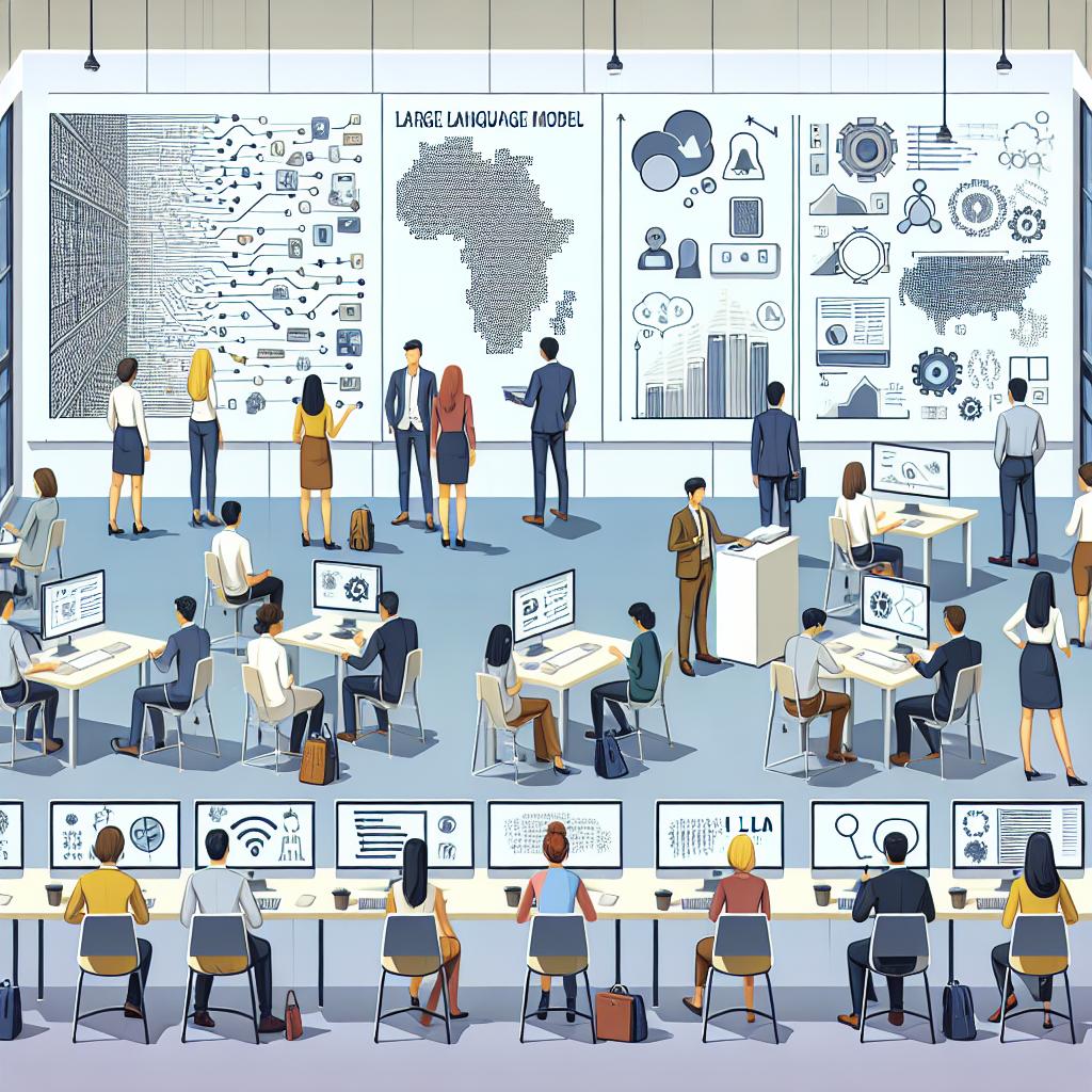 Illustrate a modern learning environment for a Large Language Model (LLM) course, conveyed in a 2D, linear perspective with a corporate, vector, and flat style. The scene takes place in a room with a plain, white and texture-less background. Various people of different descents and genders are seen interacting with artificial intelligence applications on computers, symbolizing technology's application and development. Whiteboards with LLM diagrams are present, illustrating the technical course content. The diversity of students in the image should reflect the course's inclusiveness and accessibility.