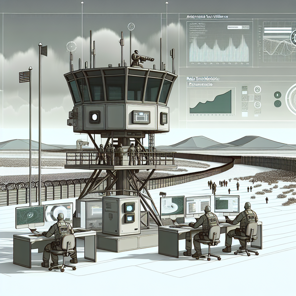 Render a flat, corporate, and vectorial-style image in 2D linear perspective on a white and texture-less background. The scene should feature an Autonomous Surveillance Tower (AST) prominently displayed in a border landscape setting. The AST should symbolize advanced technology in use. Include a visualization of data being processed which represents how autonomous surveillance functions. Also incorporate a real-time monitoring screen demonstrating the interface. Finally, add Border Patrol agents of different descents and genders monitoring the control screens, symbolizing the workforce benefiting from the technology.