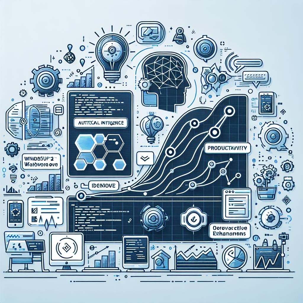 Create a 2D, linear, vector style image illustrating the innovations of Windsurf Wave 2, a recent development tool update announced by Codeium, in a flat and corporate style. Set on a clean, untextured white background, highlight visual elements such as code snippets and icons that represent artificial intelligence and development. Incorporate extra elements like productivity graphs to depict the promised enhancements, using cool tones to convey an atmosphere of professionalism and cutting-edge technology. The composition should prioritize the main elements by featuring them prominently against the clean backdrop.