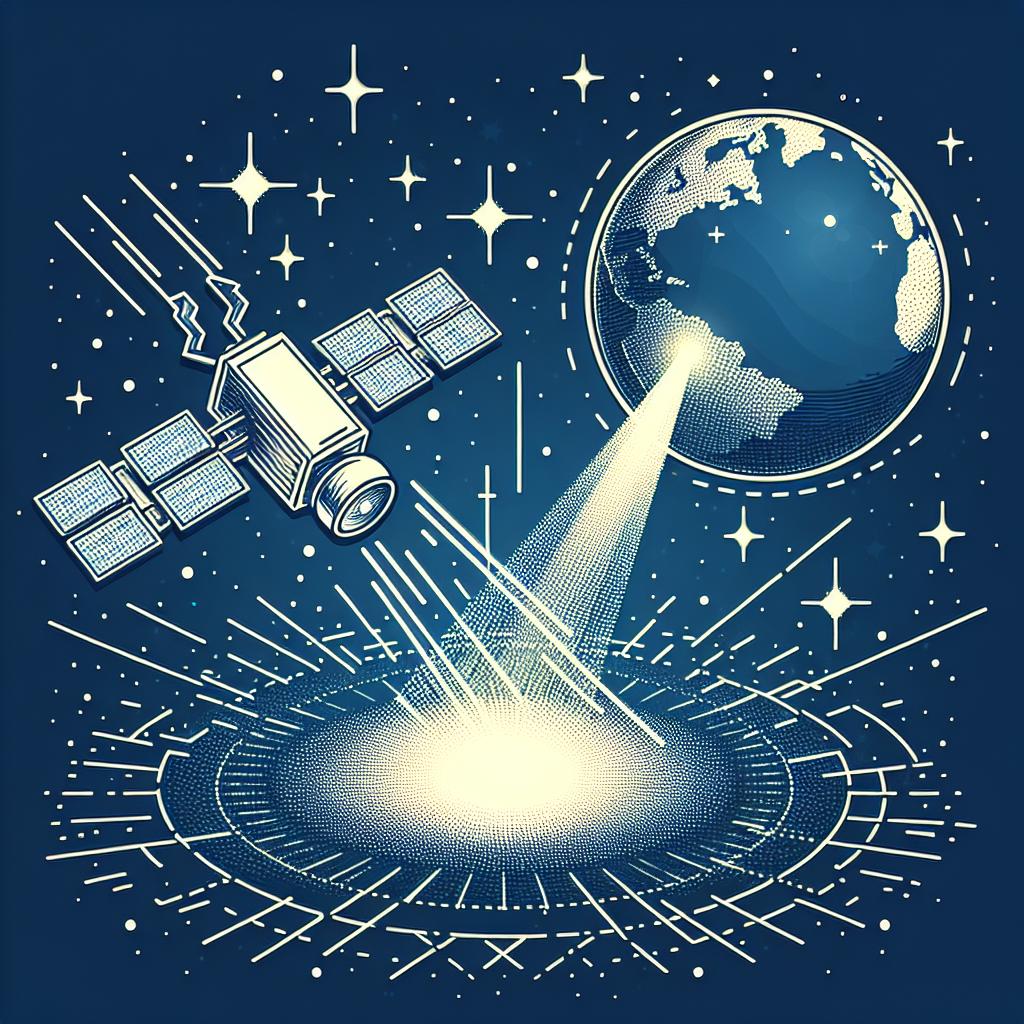 Create a vector-style, flat and corporate 2D, linear perspective illustration. There is a white, textureless background. In the image, the Earth and stars are visible, establishing a space exploration context. An innovative intermediary transmitter system is represented by a satellite, the source of energy. The satellite emits light beams symbolizing the transmission of energy. These beams are being directed towards Earth, the final destination of the energy, suggesting the concept of power transfer from space for reliable energy generation.
