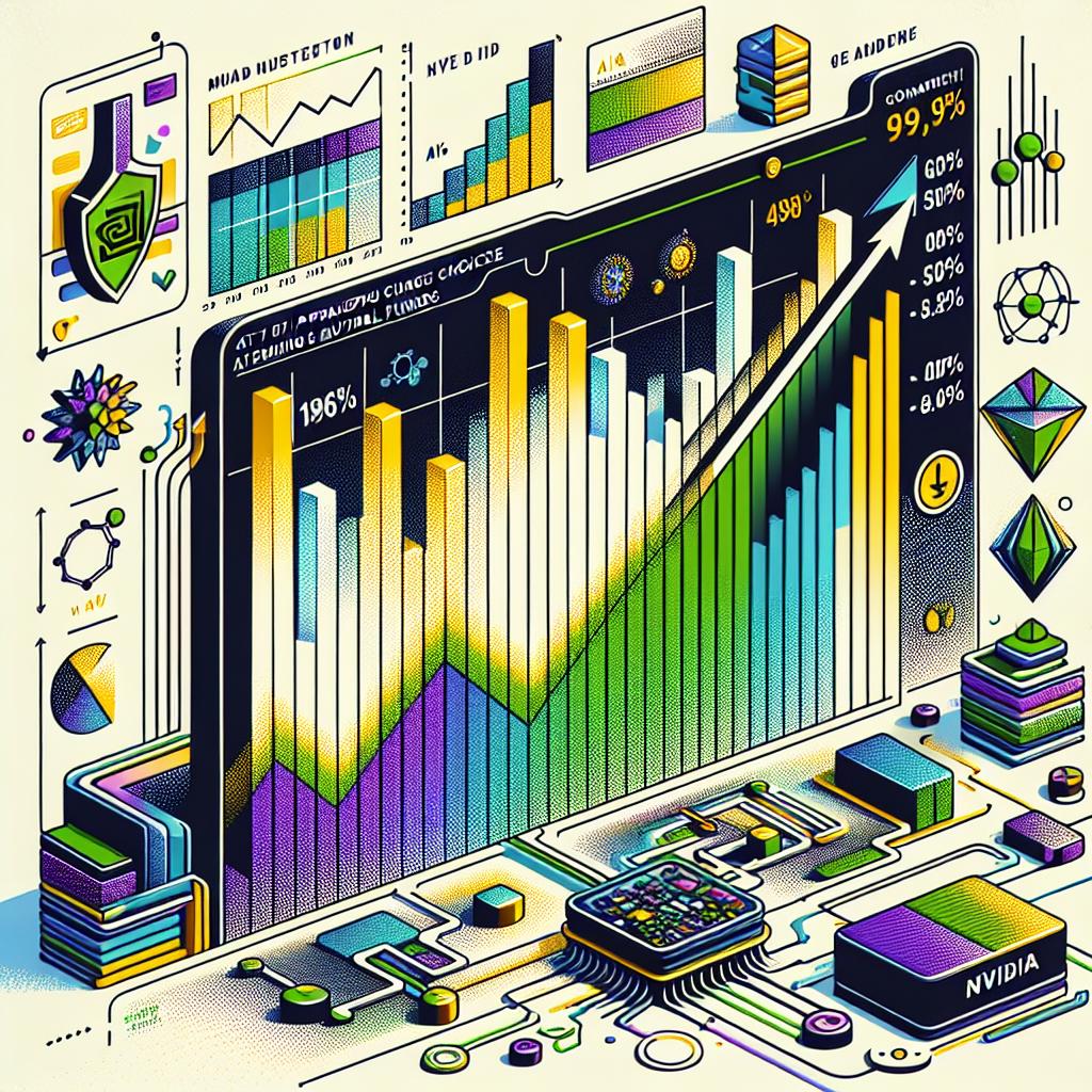 Create a 2D, linear perspective image using a flat, vector, and corporate style. The image should have a white and texture-less background. The primary elements should include a comparison growth chart of the Nvidia and Palantir stocks, representing the financial data visually. This chart should show Nvidia's noteworthy growth of over 190% in 2024 while emphasizing that it's not a preferred choice among leading mutual funds unlike Palantir Technologies. Also, include symbols of ups and downs, implying market fluctuations. Use a technological backdrop to signify the AI sector. Lastly, incorporate vibrant colors to catch the eye of the viewer.