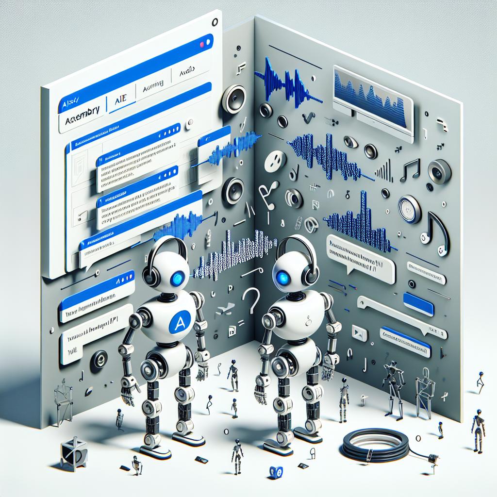 Imagine a 2D vector image with a corporate and flat style. This scene is set against a white, textureless background. Two primary elements dominate the scene: AssemblyAI and LiveKit. They are anthropomorphized as robotic characters, indicating their AI capabilities. Their bodies are made up of elements representing audio, video, and real-time transcriptions, showcasing the integration of Streaming Speech-to-Text API into real-time audio and video applications. Surrounding these characters are icons of sound waves, representing the real-time transcription function. Also present is a depiction of a computer screen, symbolizing the interface of development. Floating around are snippets of transcribed text, demonstrating the outcome of the integration. The overall setting is digital and modern, symbolizing innovation in technology.