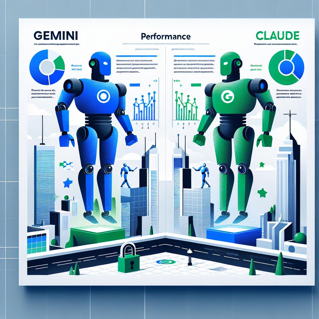 Illustrate a 2D vector image with a flat corporate style on a white, textureless background. The image should depict two AI models, represented as robots - one blue called Gemini and the other green called Claude, symbolizing the competition between Google and Anthropic. A futuristic urban setting should be included in the background, symbolizing technological advancement. Performance graphs comparing the effectiveness of the two models shall also be part of the scene. Use cool colors, predominantly blue and green, to symbolize technological innovation. Also, include symbolic elements of security such as a padlock to reflect Claude's prioritization of safety.