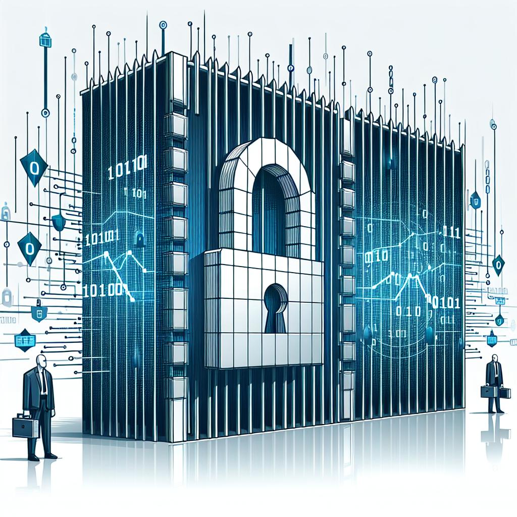 Create a graphical 2D, linear perspective image in a vector, flat, and corporate style. The background should be white and textureless. The image should illustrate the theme of cybersecurity, featuring a digital firewall, symbolizing protection against digital threats. Include binary codes, representing technology and data. Use dark colors to convey seriousness and security. Add graphics suggesting a fall in technology stock values.