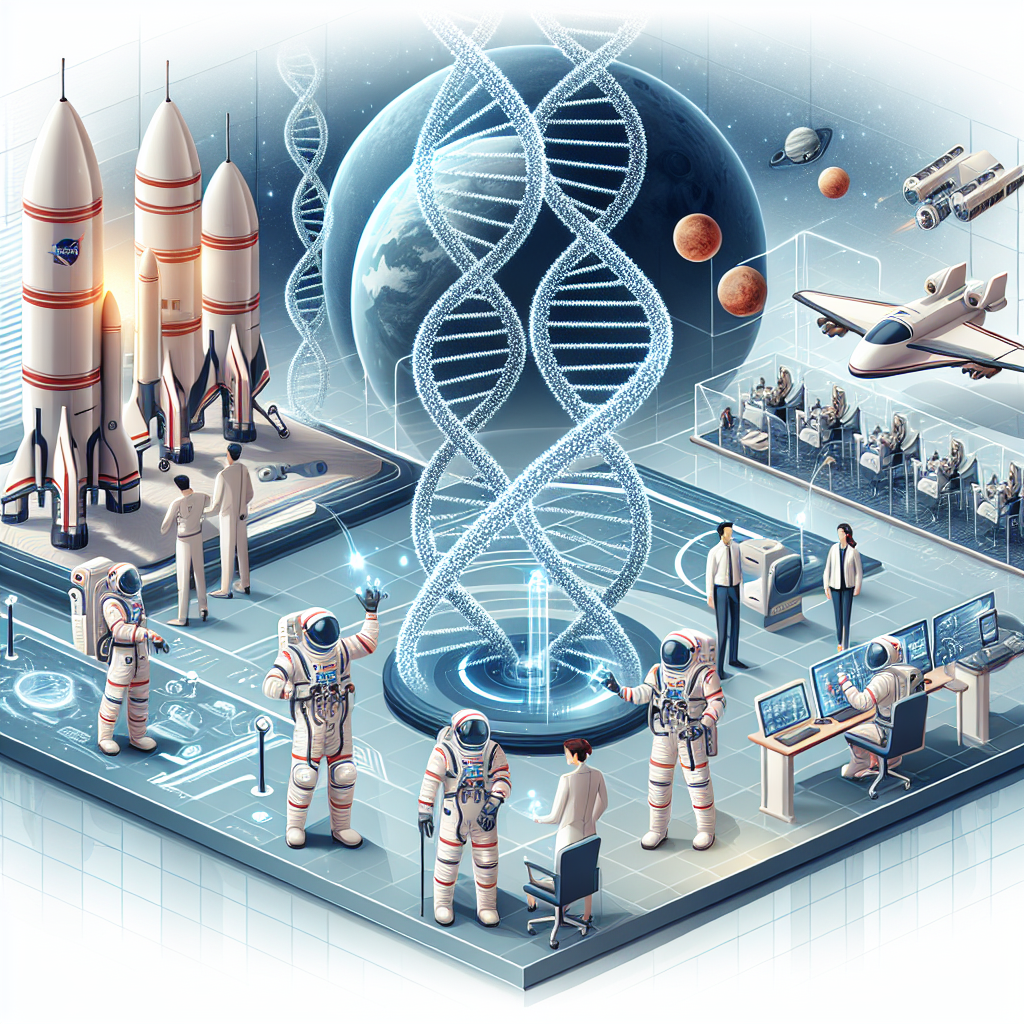 Explore a futuristic scene of a commercial space travel environment with prominent elements being astronauts, representative of the space travelers, and a DNA structure, symbolizing genetic editing and its implications for health. Focus on creating an advanced technological setting where the astronauts can be seen manipulating DNA strands through advanced technology. In the backdrop, include a stylish representation of Mars, the future space mission destination, and Earth, signifying the astronauts' origins. The image should be in a 2D, linear perspective with a flat, corporate vector style over a white and textureless background.