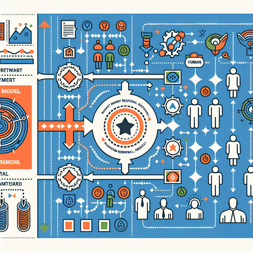 Create a flat, corporate style, vector image in 2D, linear perspective on a white, textureless background. Illustrate a flowchart that shows the interaction between humans and the new ArmoRM reward model in contrast with traditional models. Use different contrasting colors to highlight the differences between the models. Include directional arrows to depict the flow of data and model decisions, as well as icons representing human feedback. A title should be placed at the top of the image to draw the viewer's attention.