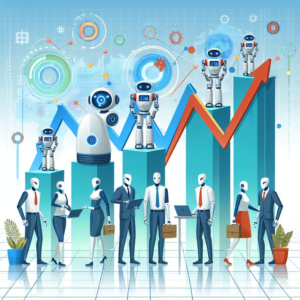 Generate a futuristic 2D Vector, Flat, and Corporate style illustration that symbolizes the collaboration between artificial intelligence and workers. In this image visualize robots helping humans in a modern office environment, signifying innovation. Display vibrant growth charts to represent the increase in job opportunities. All the elements should be set against a white and textureless background. The composition overall should convey feelings of positivity and progress. Make sure to represent workers of different genders and descents such as Hispanic, Middle-Eastern, and Caucasian.