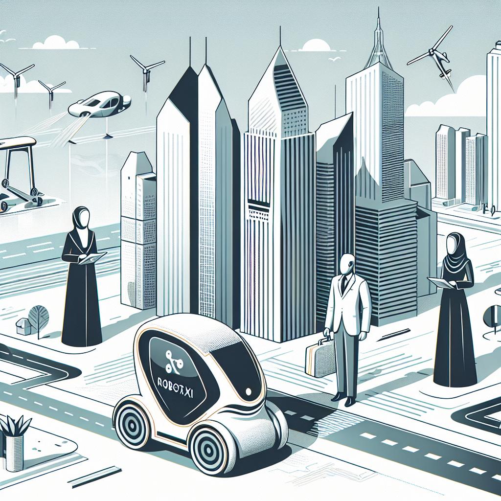 Create an illustration in a vector-based, flat, corporate style, viewed from a 2D linear perspective. The digital image should have a white, textureless background with a robotaxi as the focal point, symbolizing innovation in transportation. Surrounding the robotaxi, there should be modern skyscrapers implying a modern urban environment. Moreover, depict citizens of different descents such as a Middle-Eastern woman or a South Asian man, engaged with the robotaxis, demonstrating acceptance of and adaptation to this new technology. Also, include open pathways that suggest enhanced accessibility and mobility.
