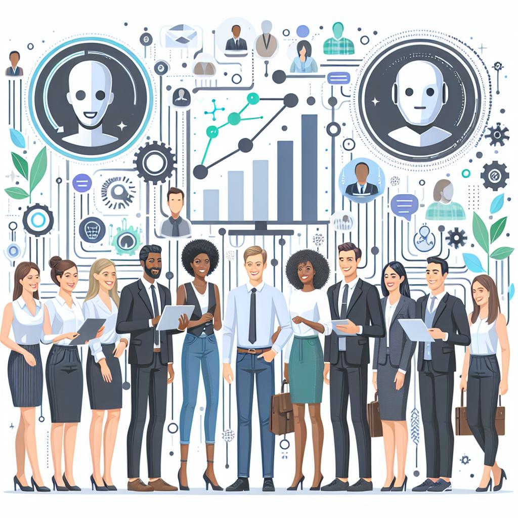 Create a 2D, vector style image set in a modern office environment. The image should represent a diverse team of professionals interacting with artificial intelligence in a recruitment setting. The team should consist of both men and women of various descents such as Caucasian, Hispanic, Black, Middle-Eastern, and South Asian who look happy, symbolizing a positive work atmosphere. Also, include a digital interface symbolizing recruitment technology. Additionally, incorporate growing graphs into the image, illustrating the positive impact of AI. The overall aesthetic should be clean, corporate, with a white and textureless background.
