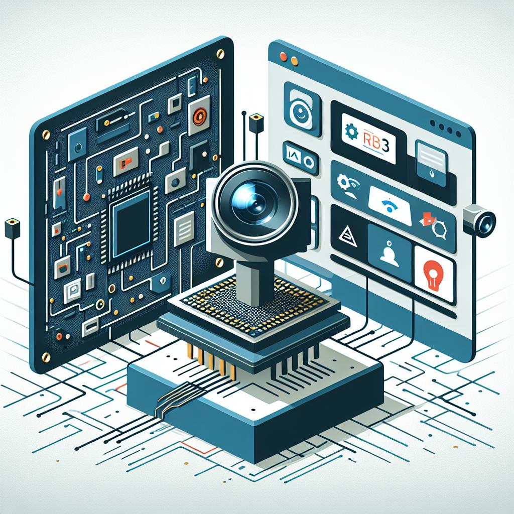 A flat, 2D, vector-style illustration portraying the advanced technology of Qualcomm's second generation RB3 Developer Kit. The image displays the electronic board which symbolizes the advanced technology. The electronic board is connected to a camera, standing as a symbol of the capabilities of image recognition. Furthermore, a display screen is presented emphasizing user interaction. The entire composition is placed against a white, textureless background, with a selection of tech-related imagery subtly incorporated, suggesting its application in the area of IoT.