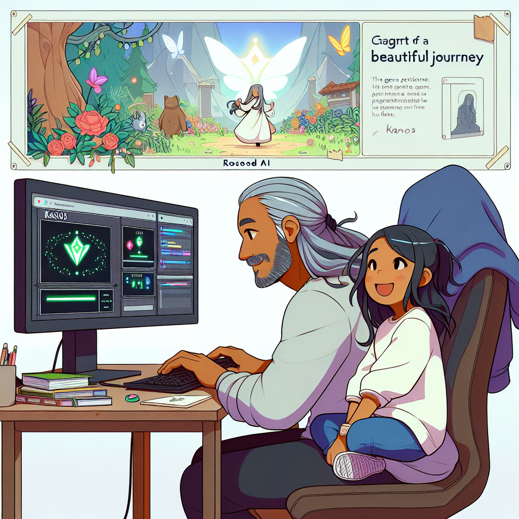 Imagine an illustration cataloguing the start of a beautiful journey. Here, we see Kanos, an aspiring game developer of South Asian descent, sitting by his computer. The screen on his computer showcases the interface of the game development tool, Rosebud AI, which he learnt to use despite having no programming skills. Beside him, his daughter, Valkyrie, a cheerful Hispanic girl, is seen deeply engrossed in a game that he created. The backdrop is decorated with whimsical elements straight out of an RPG game, a testament to the type of games developed by Kanos. The image is in a simplistic vector style, with a clean white background. The color palette is soft and welcoming, imbuing an atmosphere of hope and inclusivity. Everything here is rendered in 2D, and the lines are smooth and clean, evoking a corporate aesthetic.