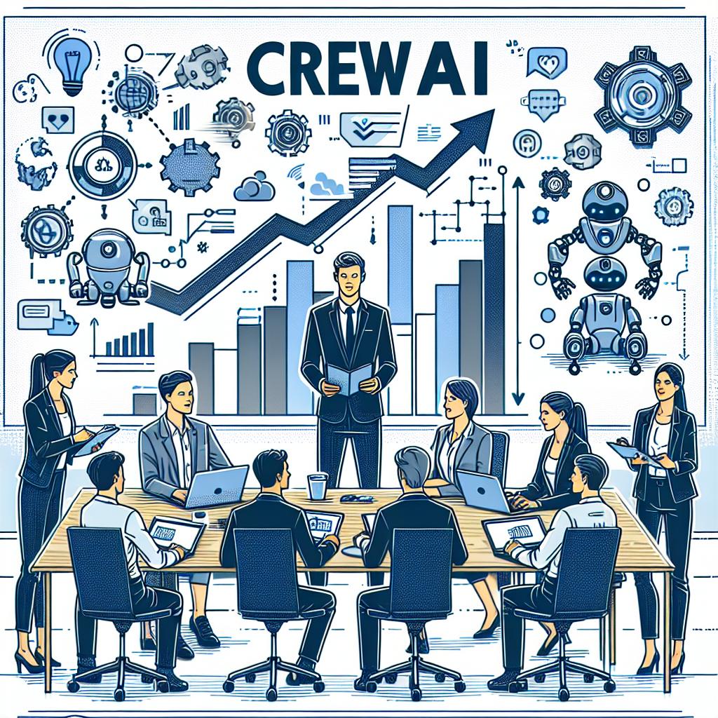 Create a flat, corporate, vector style image on a white, textureless background. In a 2D linear perspective, depict a group of technology professionals of diverse genders and descents in a meeting. They are discussing strategies to expand a tech startup called CrewAI. Have growth charts in the background representing the company's investment expansion. Also include technology elements such as artificial intelligence and automation symbols to emphasize the company's proposition.
