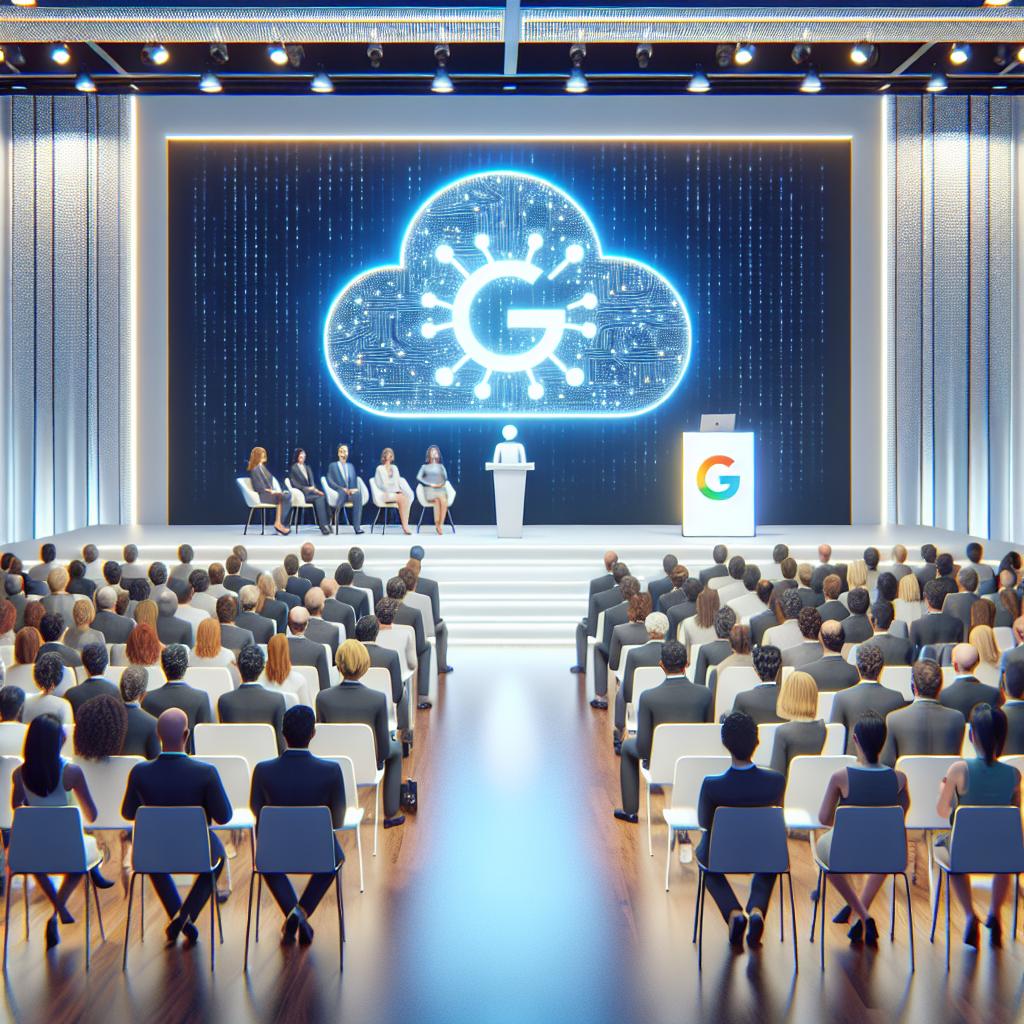 Create a corporate, flat, and vector style image with a 2D linear perspective. The image should depict a technology conference where artificial intelligence (AI) is the focal point. It should display a well-lit stage with a presentation on cutting-edge AI technology, with the Google Cloud logo illuminating in the background as a symbol of innovation. A diverse audience, including men and women of Caucasian, Hispanic, Black, Middle-Eastern, and South Asian descents, is present, showing their engagement and interest in new technologies. The setting is modern and technologically advanced with white, texture-less background symbolizing a clean, minimalist environment.