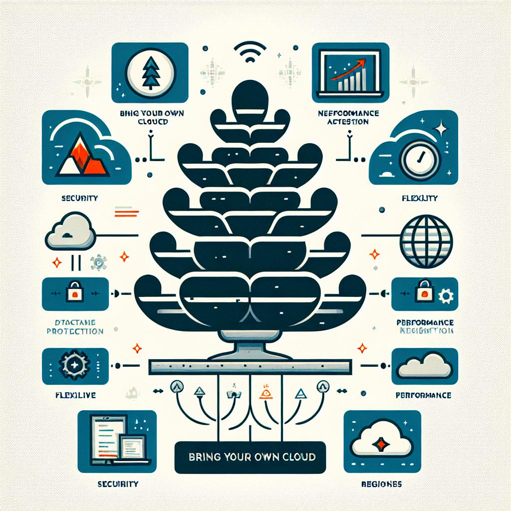 Create a vector styled image in a corporate, flat design on a white, untextured background. The visual representation should portray a pinecone seated within an environment of clouds, symbolizing a Bring Your Own Cloud (BYOC) concept. Surround the pinecone with icons signifying security and flexibility, thus, picturing data protection and the versatility of the service. Incorporate a stylized cloud to showcase the cloud infrastructure and integrous network connections for communication aspects. Performance charts should be included to represent optimization and efficiency of the service. Representation of multiple regions is necessary to highlight the flexibility of choice in the service.