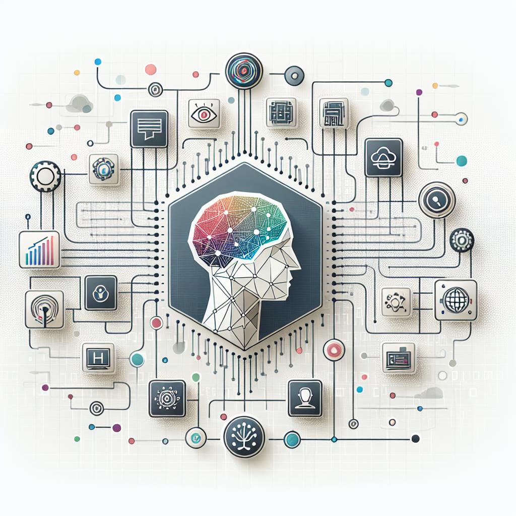 Display a vector, flat, and corporate-style 2D linear perspective illustration on a texture-less white background. The main visual should represent an artificial intelligence agent, a technological interface, connected to different individual icons each symbolizing different types of memory, illustrating the complexity of the topic. Data flows, signifying the exchange of information, connect the agent to the memory icons. A digital backdrop is embedded, conveying the notion of an advanced technological environment. Leverage the use of both cool and warm colors to showcase the integration of AI's cold logic with human emotion.