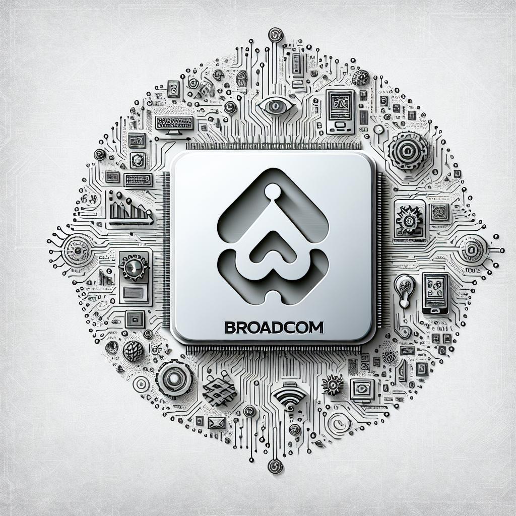 Create a 2D, flat corporate-style vector image set against a texture-less white background. In the center, depict the Broadcom logo, symbolizing the company's rising status in the semiconductor industry. Surround the logo with the icons of three unnamed tech companies, symbolizing collaborations in developing Artificial Intelligence. Embellish the backdrop with elements that evoke innovation and advancements in AI. The overall depiction should convey a sense of Broadcom's remarkable growth specifically in the AI sector.
