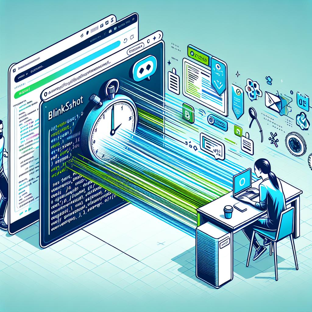 A 2D, linear perspective illustration in a flat, corporate, vector style on a white, texture-less background. In the center, an interactive moment is depicted where a South Asian developer is working with the open-source application, BlinkShot. There should be vibrant shades of blue and green to signify the application's modernity and technology. There is a text field that symbolizes user interaction and examples of images being generated instantly from text prompts, showcasing the software's speed and efficiency. Include an icon of a stopwatch or time indicator and various coding symbols, suggesting it's a tool for developers.