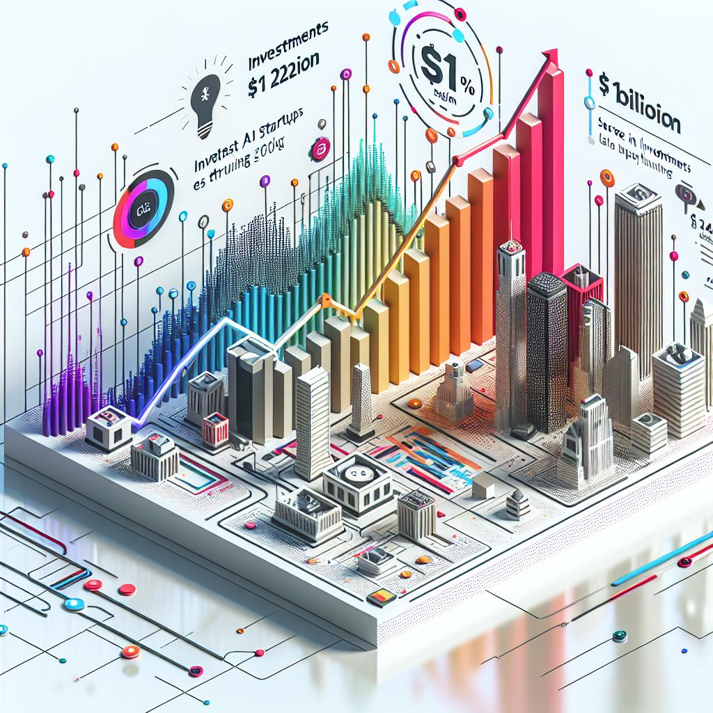 Create an image in a vector flat corporate style, featuring a 2D, linear perspective on a white, textureless background. The image should prominently feature an ascending graph illustrating the sharp increase of investments in AI startups, which soared by 62% and reached a mark of $110 billion in 2024, contrasted with the 12% drop in tech startup funding. The graph should be colorful to highlight the difference in investments between the USA and the rest of the world. Embellish the scene with vibrant colors to draw attention to the presented data, and include technologic symbols to represent the AI sector.