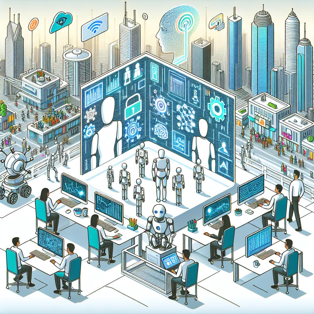 Create a futuristic scene in the corporate, flat, and vector style that illustrates the interaction between humans and artificial intelligence in a collaborative work environment. Background is white and textureless. It's a 2D, linear perspective composition. There should be robots working alongside humans, representing the collaboration between AI and workers. A screen displaying complex data symbolizes AI's ability to process information. An advanced urban scenario illustrates a future optimized by AI. Use vibrant colors to attract attention to the technology's positive potential. Add security icons to highlight the importance of ethics in AI use. Ensure that there is equality in the depiction of human workers, featuring both male and female employees of different descents including Caucasian, Hispanic, Black, Middle-Eastern, and South Asian.