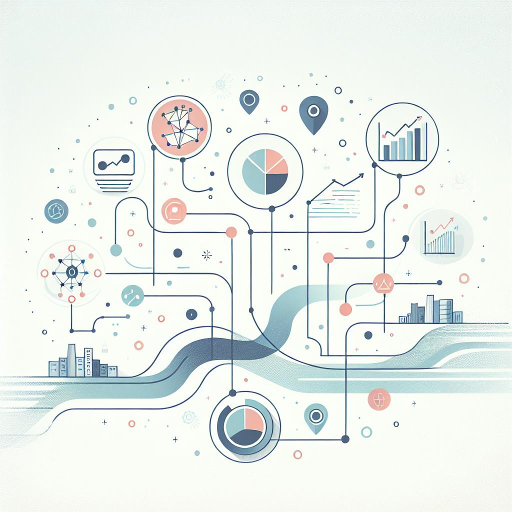 Create an image in a flat, corporate visual style that represents the semantics of business as a bridge between data and decision-making. In a 2D, linear perspective, show icons for graphs that symbolize data analysis connected by fluid lines, symbolizing the interconnection of data on a white, textureless background. Use soft colors to convey a sense of clarity and cohesion.