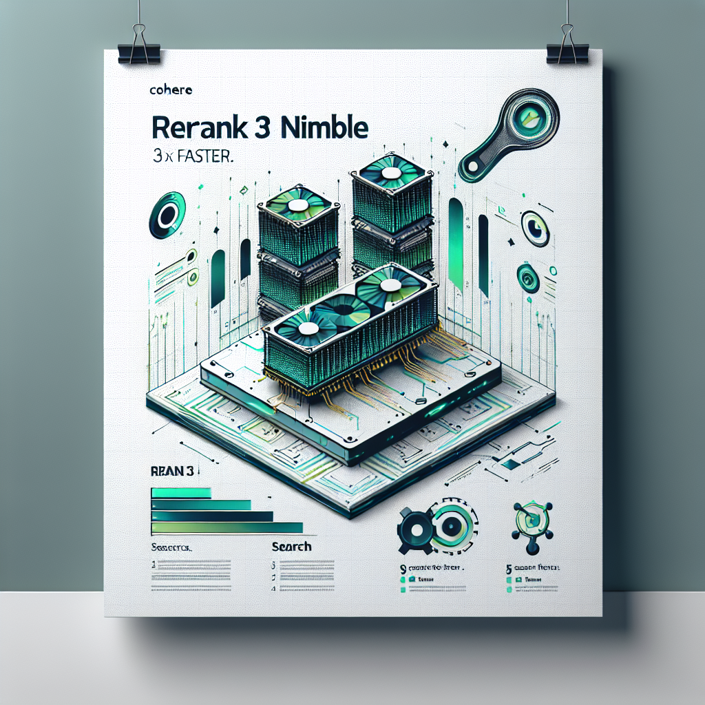 Create a 2D, vector-style, corporate-oriented image, presenting the launch of the Rerank 3 Nimble by Cohere. The image should have a white, textureless background with a graphic representation of the Rerank 3 Nimble model in shades of green and blue, transmitting innovation and reliability. A comparative performance chart between the Rerank 3 and the Rerank 3 Nimble should be prominently displayed, with visual elements emphasizing the speed and efficiency. Include electronic circuit elements to symbolize advanced technology and search icons to represent the function of the model. In addition, add text saying '3x faster', highlighting the main advantage of the new model.