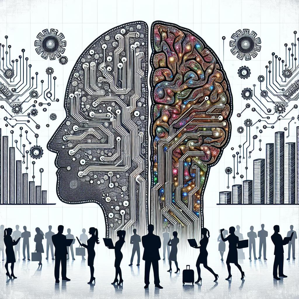 Picture a 2D, vector-style image that draws upon the aesthetics associated with corporate imagery, set on a white, textureless background. In this image, elements of human intelligence and creativity are embodied by a detailed representation of a human brain. Working in synergy with the brain, electronics circuits are intertwined, symbolizing the pivotal role of technology and automation in the modern world. Adding a social component to the scene, there are silhouettes of employees hailing from different descents and genders, collaborating and engaging in dynamic dialogue, demonstrating teamwork and the augmentation of human capabilities. To display the business implications, there are rising bar graphs incorporated into the scene, indicating the positive impacts of Artificial Intelligence on business growth and performance.