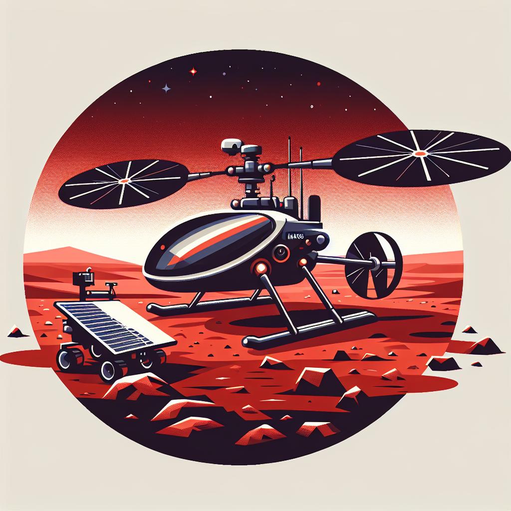 Create a flat, corporative and vectorial style 2D image of NASA's Mars Chopper, the robotic helicopter that promises to revolutionize Mars exploration by allowing longer flights and the transport of scientific payloads, overcoming the limitations of the Perseverance Rover and other rovers. In the foreground, showcase the Mars Chopper in action over a rocky terrain of Martian surface. Include solar panels on the Chopper as a symbol of its energy source. In the background, depict the Perseverance Rover as an icon of current Mars exploration. The backdrop should be a red sky, symbolizing the Martian atmosphere, against a white and textureless background.