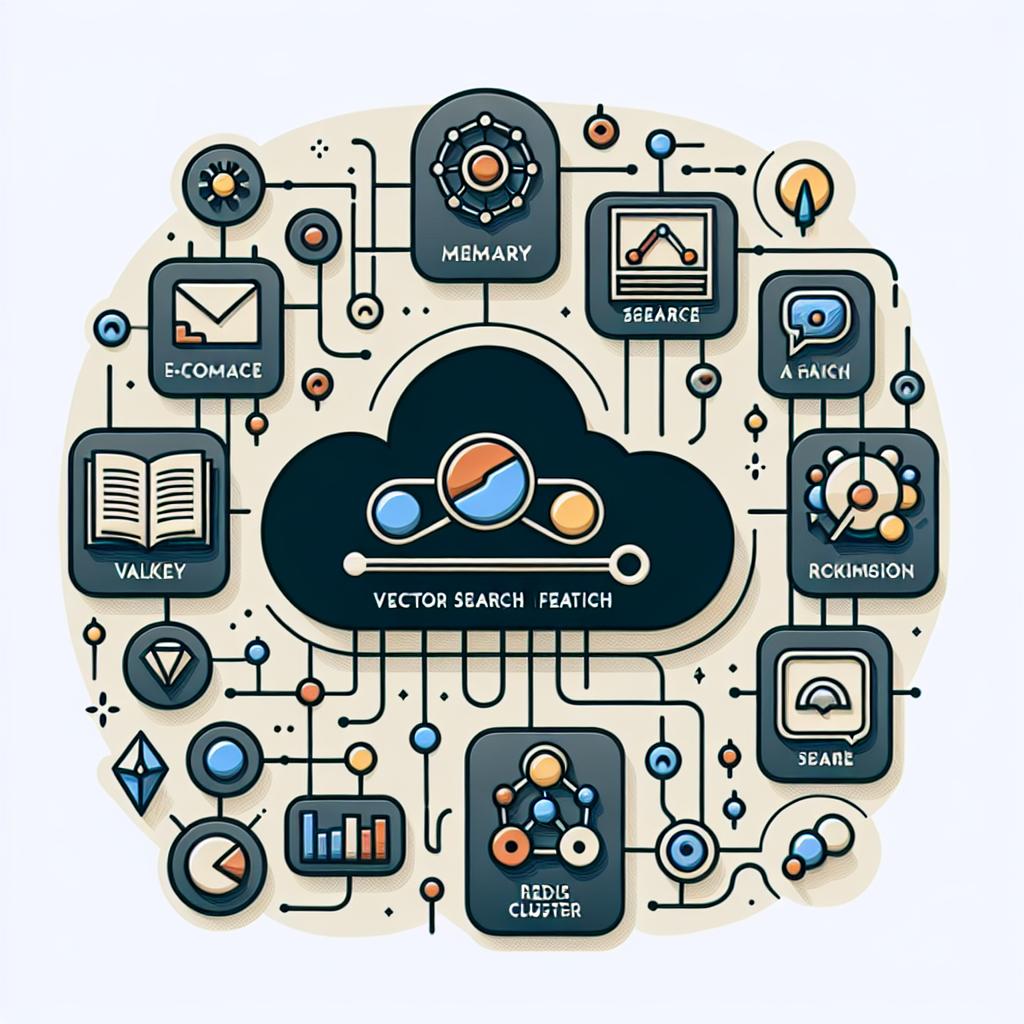 Create an illustration depicting the vector search feature in Memorystore for Valkey and Redis Cluster, as announced by a major cloud services provider on September 26, 2024. The image should be in a flat, corporate, and vector style. The image will be in a 2D, linear perspective on a plain white background. The main elements in the image should include: a cloud symbolizing the services provider; icons representing different AI applications, specifically E-commerce, Recommendation, and Semantic Search; a latency chart to demonstrate the efficiency of the new technology; and connections with nodes to illustrate the scalability of the system. The color scheme should comprise subdued, technological colors to exude innovation and efficiency.