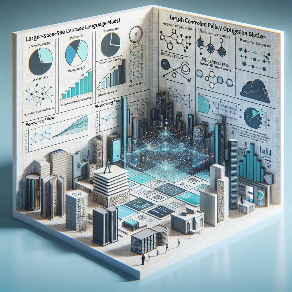 Create an image in a 2D, linear perspective that visualizes a user interacting with a large-scale language model within a digital environment. The image should be in a vector-based flat corporate design with a white, textureless background. Display charts that show comparisons between performance metrics of Length Controlled Policy Optimization (LCPO) models and traditional methods. Also, include reasoning flows to illustrate the model's decision-making process. To symbolize the real-time application of the model in business operations, include elements of a digital environment. Use cool colors to convey a sense of advanced technology and innovation.
