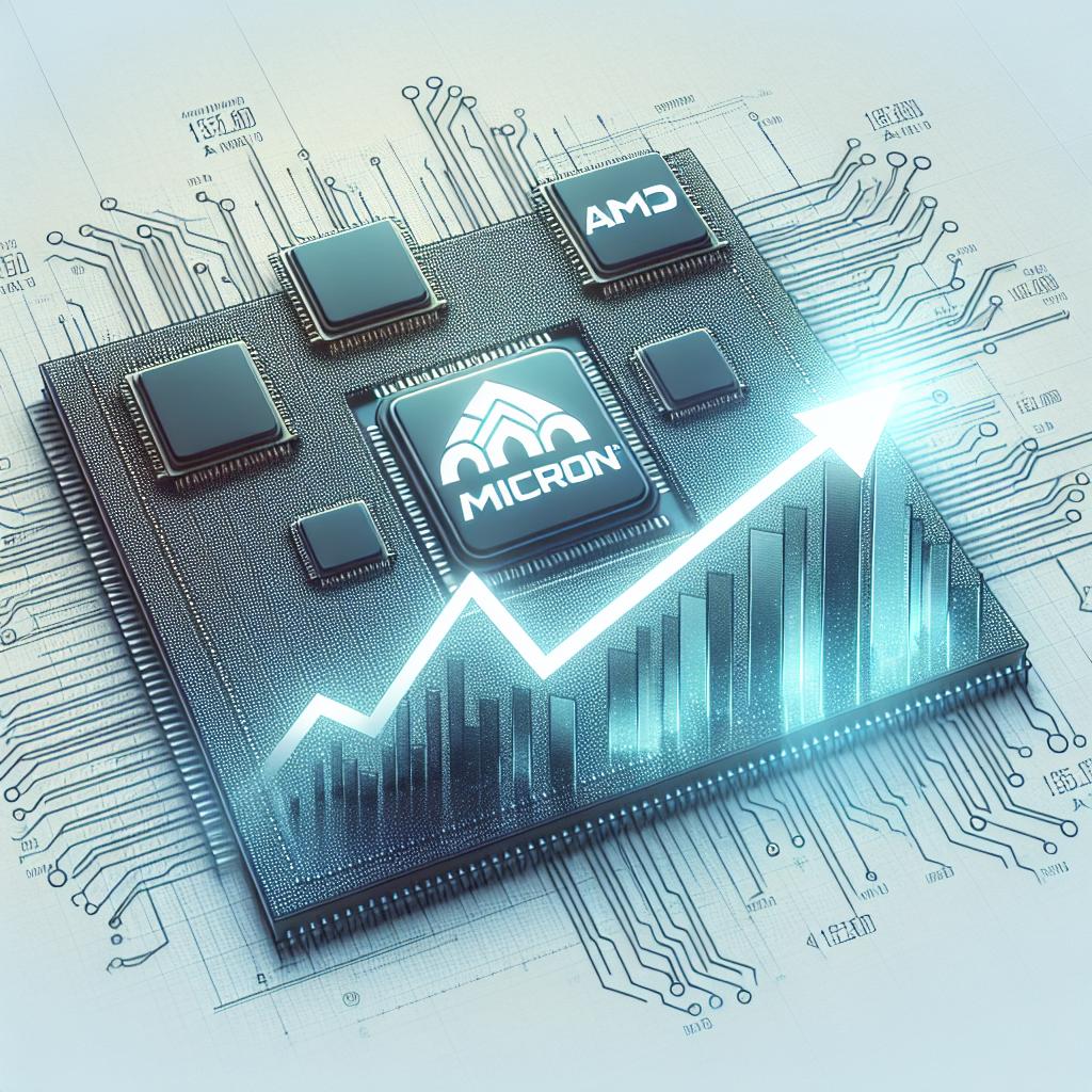 Generate a 2D, flat, vector-style corporate image on a white, untextured background. The central theme is the potential growth of Micron and AMD stocks, represented by a rising stock chart. This chart should have the logos of Micron and AMD, identifiable yet subtly integrated into the design. Technology elements such as semiconductors and computers embody the innovation in the sector. These elements should be stylized and fit with the overall design, hinting at advancement in artificial intelligence and semiconductor sectors. The visual storytelling strives to convey the promising prospects for these tech stocks by 2025.