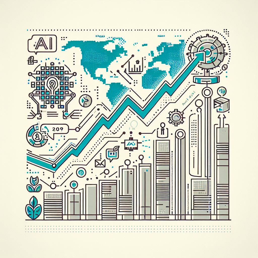 Visualize a corporate, vector, 2D-linear style representation symbolizing the growth in the demand for AI chips in the tech industry. The illustration is set against a non-textured white background. Foreground focuses on a graphical representation showing an upward trend, coupled with icons symbolizing AI. The geographical location of the Hon Hai plant is emphasized by featuring a map of Mexico. Note that the style does not resemble any specific artist or creative professional's work after 1912.