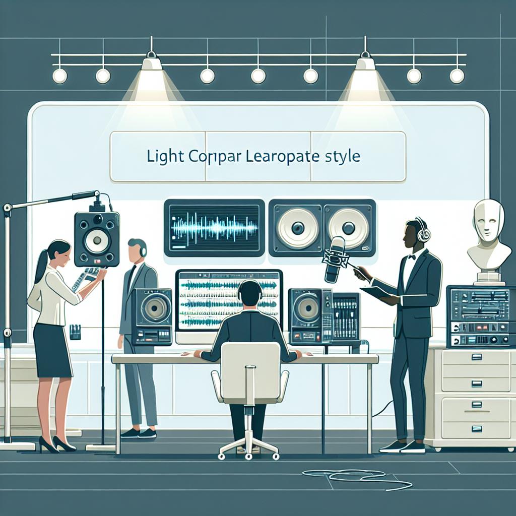 Create a 2D, light corporate style, vectorial image with a flat perspective. The scene takes place in a modern dubbing studio where professionals are hard at work. The image should emphasize the presence of innovative machine learning technologies used in dubbing. Detail technological equipment representing Artificial Intelligence involvement in the process. The human characters in the scene should be diverse. For instance, portray a Caucasian female sound engineer adjusting settings on a technological device, and a Black male professional working on a computer. The background should be white and textureless, emphasizing clean simplicity.