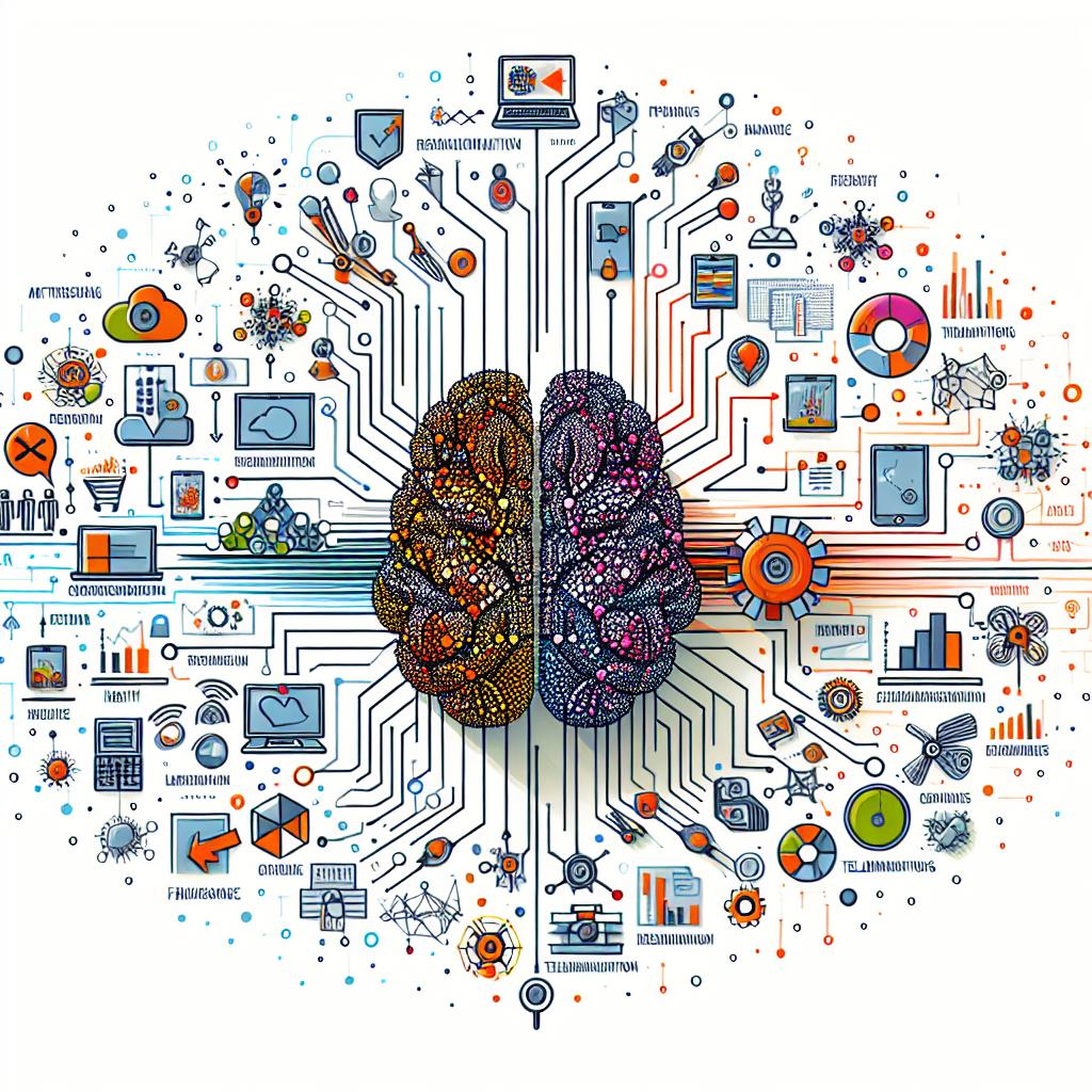 Create a 2D linear perspective concept image in a corporate style. It should illustrate the process of transforming relational data into a graph, with nodes and edges representing entities and their relations. The image should be vectorial, flat, and set against a texture-free white background. Depict the artificial intelligence at work with a vibrant colored artificial brain, and also, include icons representing different industries such as health, e-commerce, finance, and telecommunications to showcase its applicability in various sectors. This transformation is believed to optimize machine learning models, removing the need for manual feature engineering, and is promising for these industries.